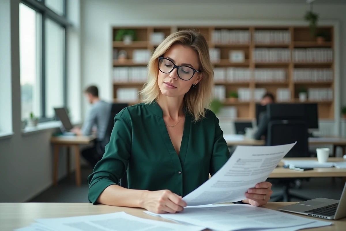 Journaliste professionnelle relisant des documents dans une rédaction moderne, évoquant l'éthique et le respect de la vie privée
