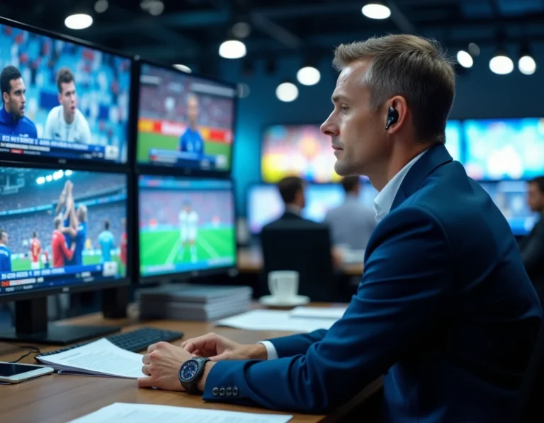 Journaliste sportif suivant les résultats en temps réel dans une salle de rédaction télévisée moderne