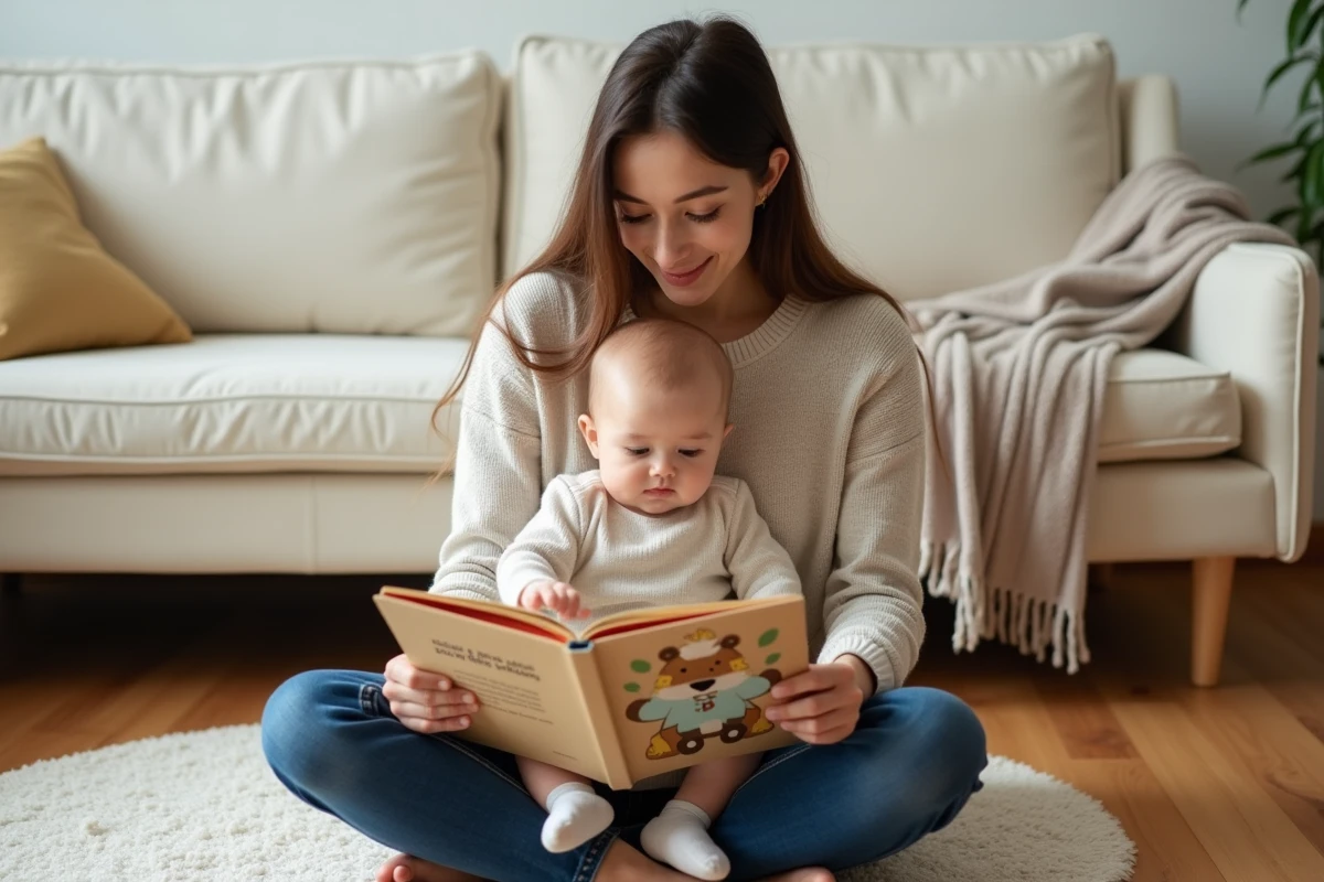 Maman et bébé de 8 mois assis sur un tapis, partageant la lecture d'un imagier cartonné aux pages épaisses et colorées