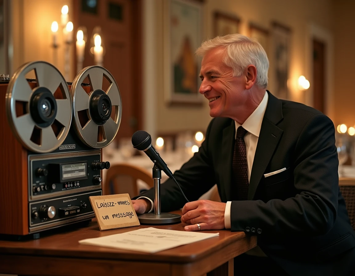 Invité enregistrant un message vocal sur un livre d'or audio avec un enregistreur vintage lors d'un mariage