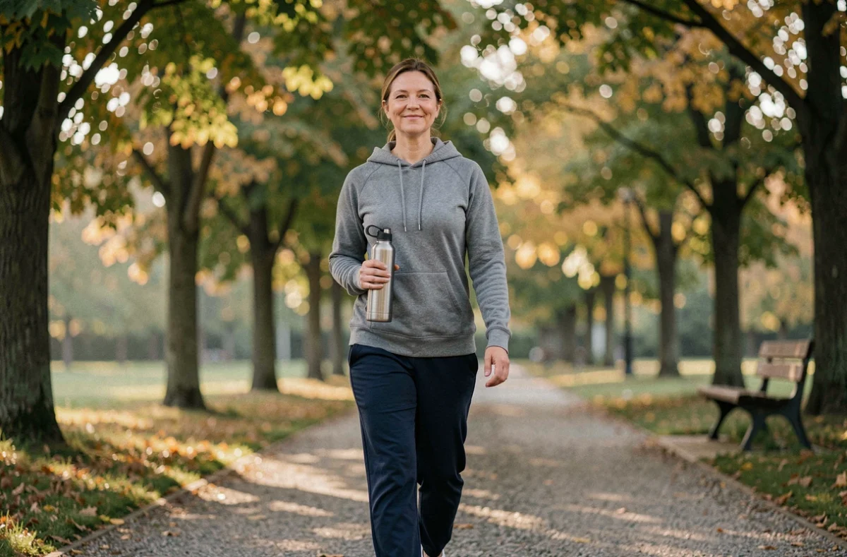 Femme marchant dans un parc tôt le matin dans le cadre d'une routine bien-être active au quotidien