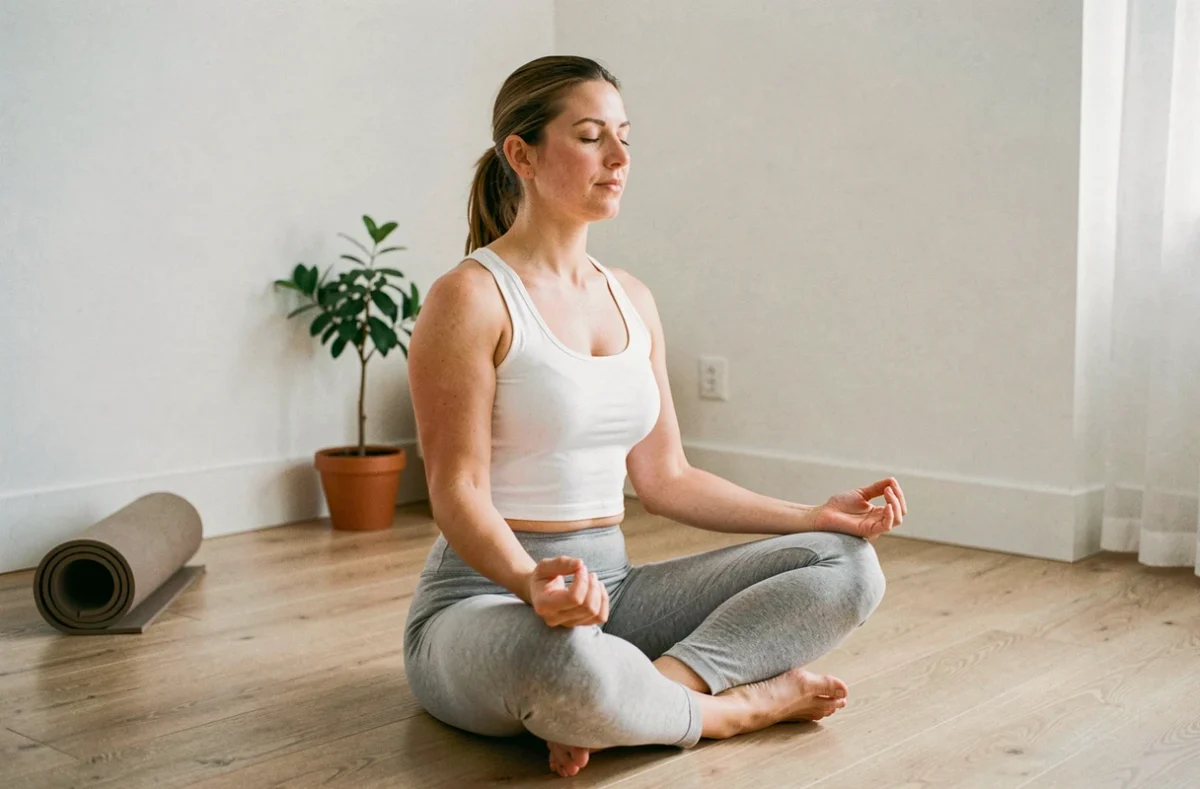 Femme pratiquant la méditation chez elle pour améliorer son bien-être mental et physique