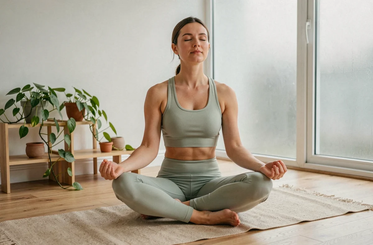 Femme pratiquant la méditation dans un salon minimaliste pour une routine bien-être quotidienne