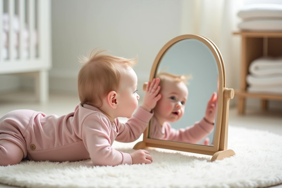 Bébé de 8 mois à plat ventre devant un miroir incassable posé au sol, touchant son propre reflet avec étonnement