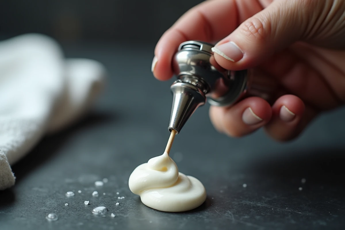Gros plan sur l'embout bouché d'une bombe chantilly en cours de nettoyage avec une pique en bois