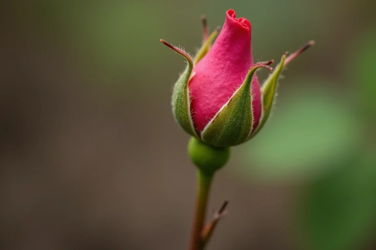 Gros plan sur un œil de rosier avec un bourgeon rouge-rosé émergeant d'une tige ligneuse au printemps