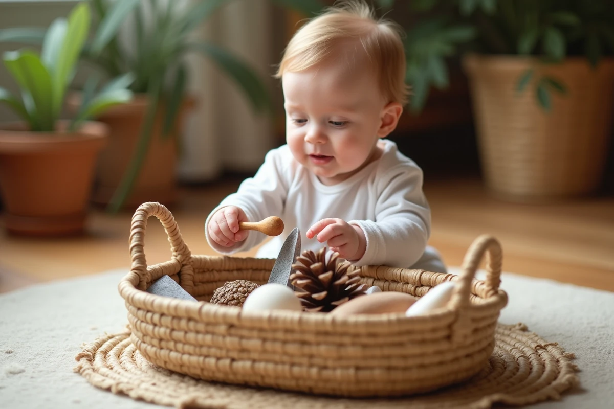 Bébé assis devant un panier en osier rempli d'objets sensoriels naturels — cuillère en bois, tissu froissé, pomme de pin — pour explorer les textures