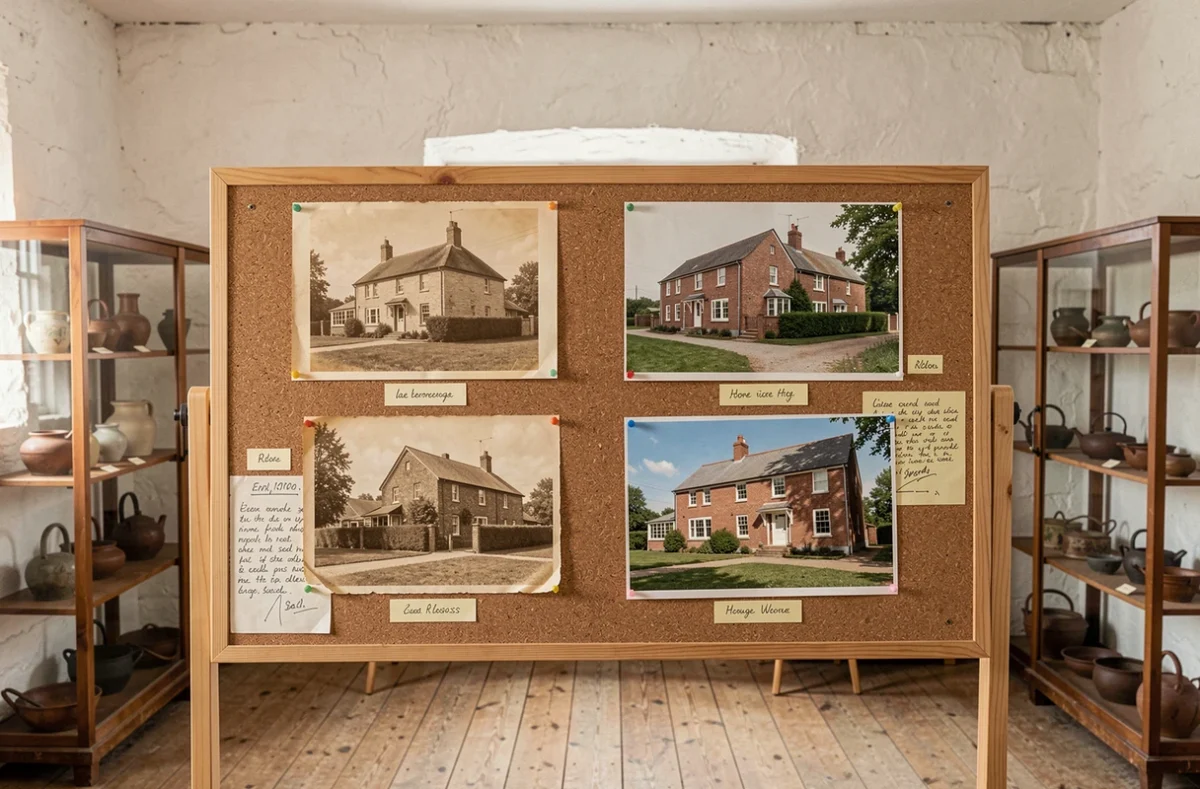 Panneau d'affichage patrimonial dans une salle communale présentant des photos anciennes et modernes de maisons de village en comparaison