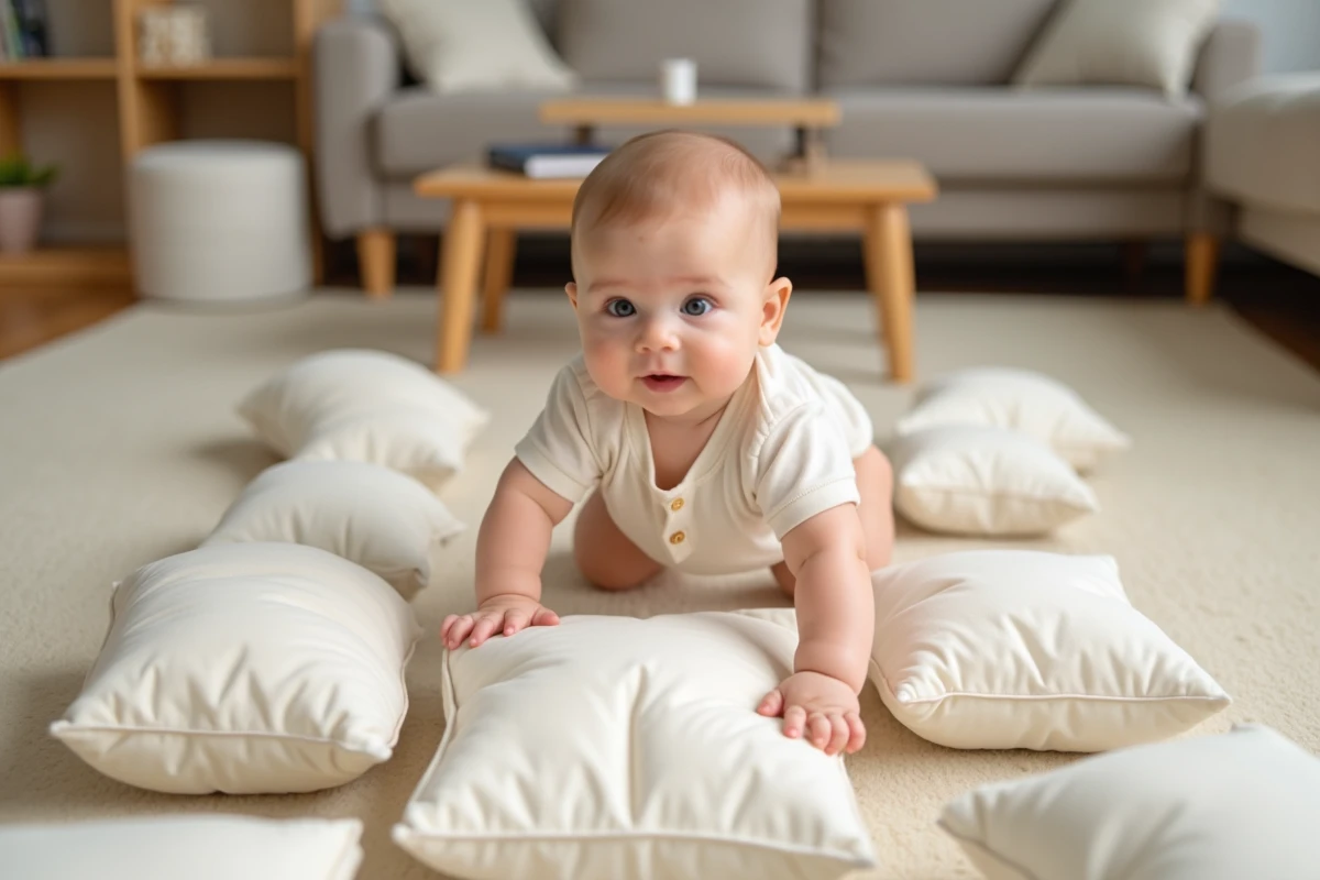 Bébé de 8 mois qui rampe activement sur un parcours de coussins colorés disposés sur le sol d'un salon