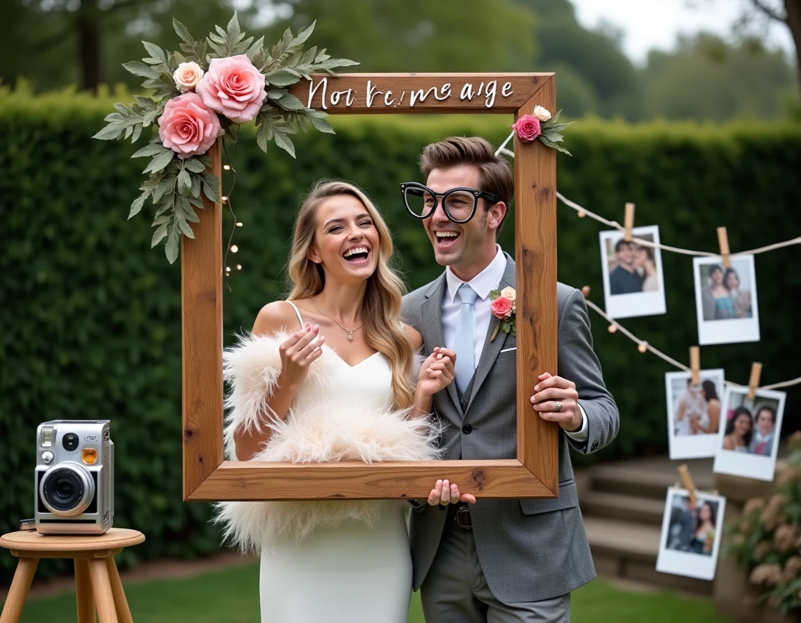 Couple posant dans un photobooth artisanal avec tirages instantanés lors d'un mariage