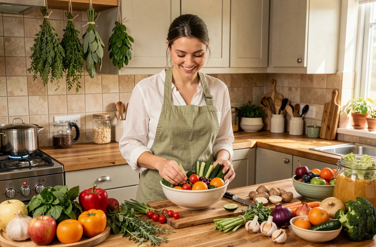 Femme préparant un repas équilibré et nutritif dans sa cuisine pour prendre soin de sa santé au quotidien