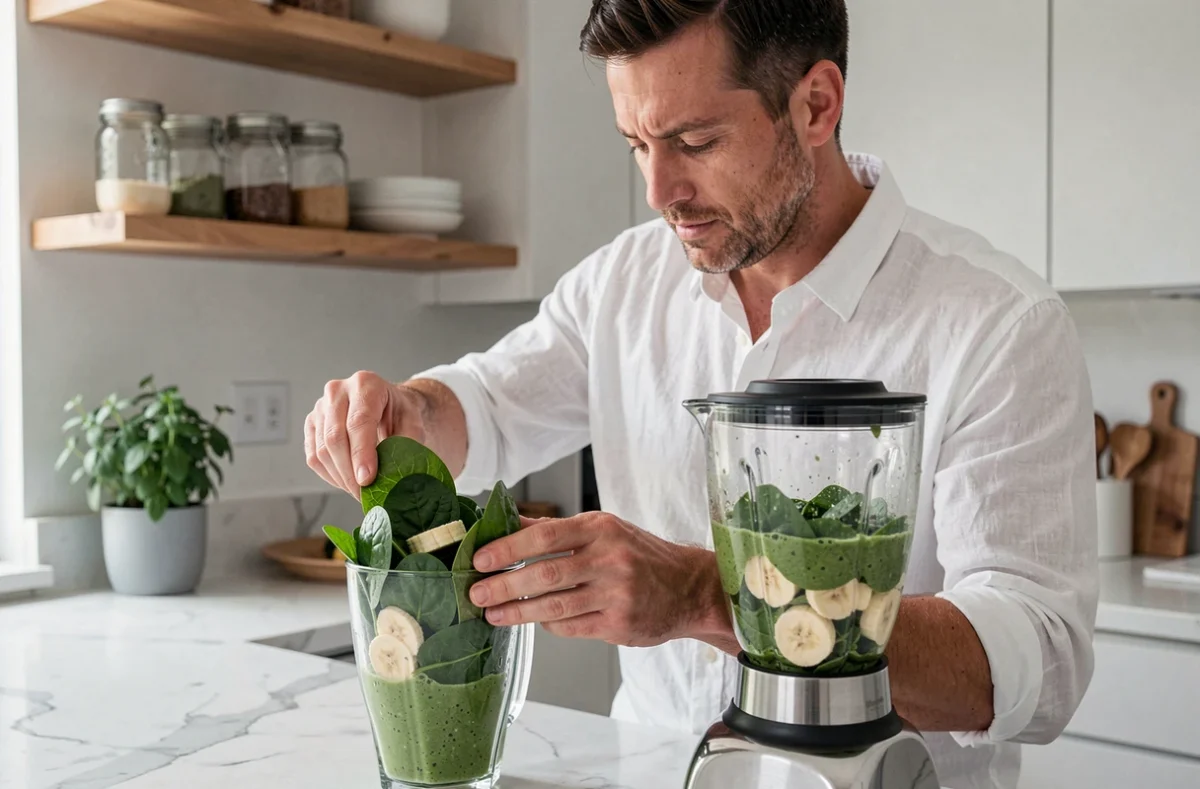Homme préparant un smoothie sain dans une cuisine moderne dans le cadre d'une routine bien-être