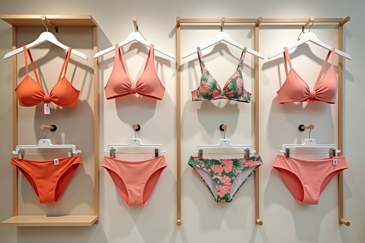 Présentoir de maillots de bain colorés dans un magasin de mode balnéaire en France avec diverses collections