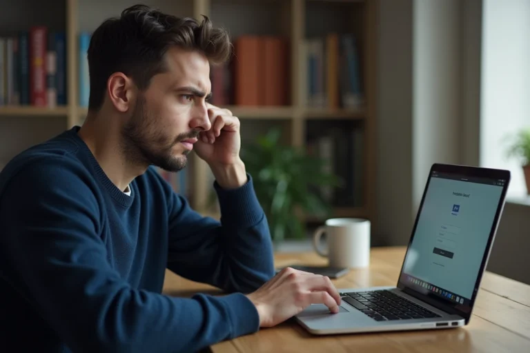 Homme frustré essayant d'accéder à son compte MyCitya depuis un ordinateur portable à son bureau à domicile