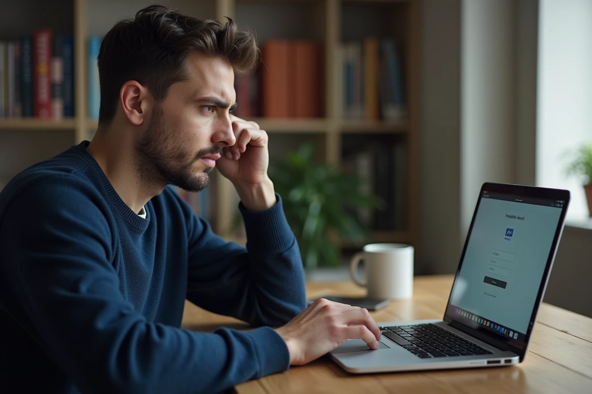 Homme frustré essayant d'accéder à son compte MyCitya depuis un ordinateur portable à son bureau à domicile