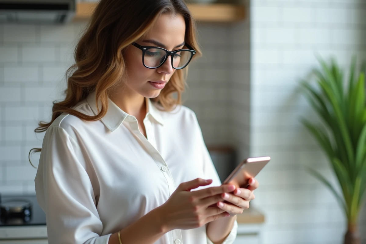 Femme réinitialisant son mot de passe MyCitya sur un smartphone dans une cuisine moderne