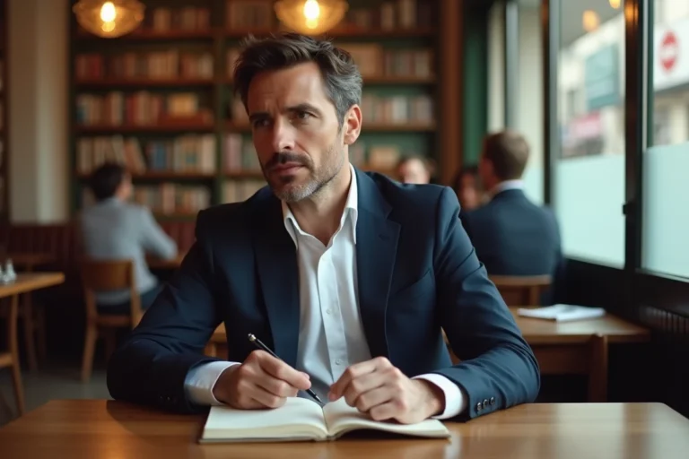 Homme réfléchi attablé dans un café parisien, illustrant le respect de la vie privée des personnalités publiques