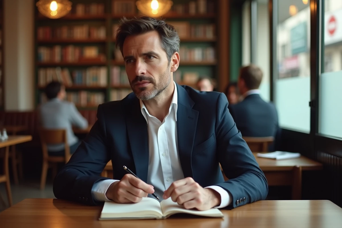 Homme réfléchi attablé dans un café parisien, illustrant le respect de la vie privée des personnalités publiques