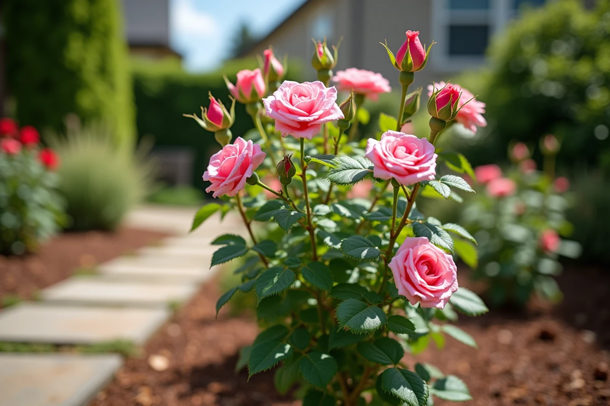 Rosier en pleine croissance printanière avec plusieurs yeux développés en pousses vertes et boutons floraux dans un jardin de cottage
