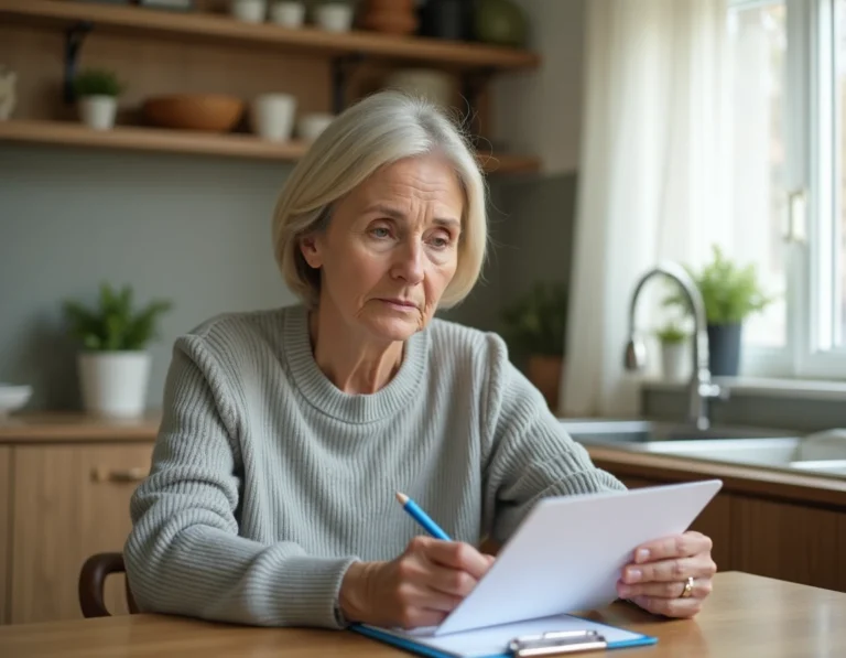 Femme consultant une liste de sécurité domestique à la cuisine pour prévenir les risques à domicile