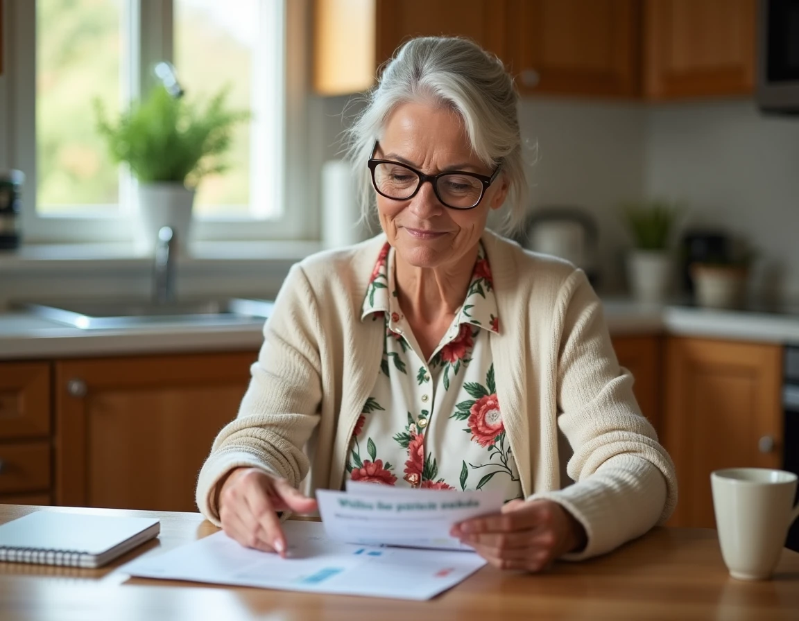 Senior femme âgée consultant des ressources bien-être à domicile dans une cuisine chaleureuse