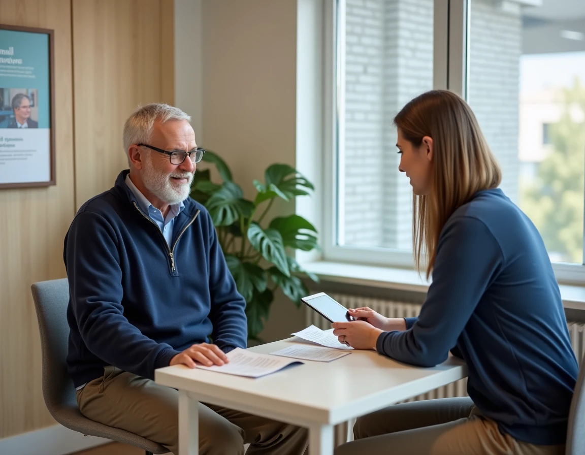 Homme senior en consultation avec une conseillère bien-être dans un centre communautaire moderne