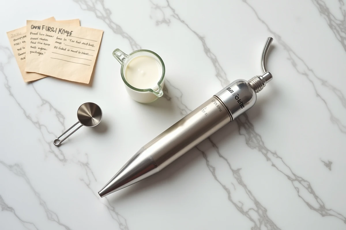 Siphon à chantilly, cartouche de gaz et crème liquide disposés sur un plan de travail en marbre pour préparer une crème fouettée réussie