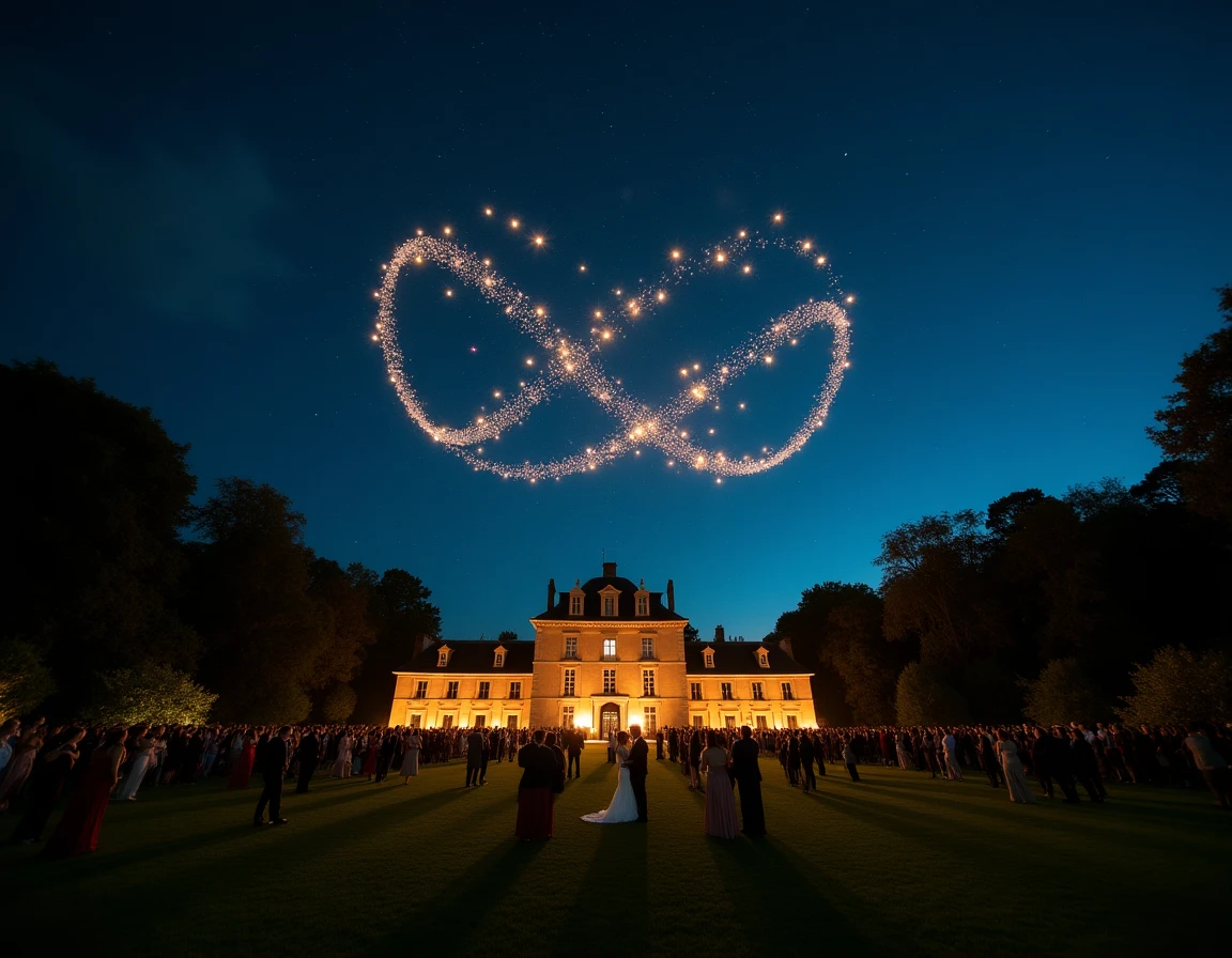 Spectacle de drones lumineux formant des formes au-dessus des invités lors d'une réception de mariage nocturne
