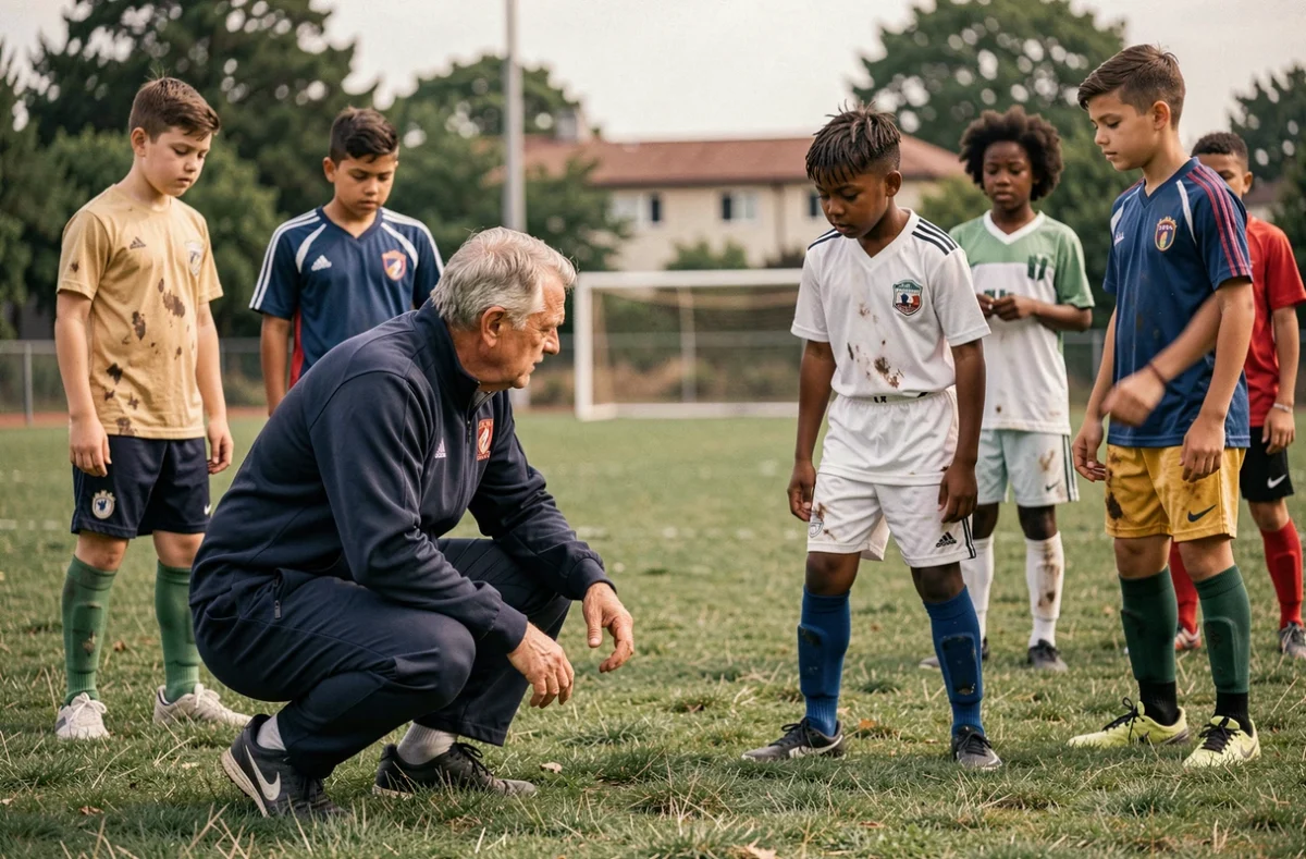 Entraîneur de football accompagnant un groupe de jeunes adolescents d'origines diverses lors d'un entraînement, témoignant du rôle du sport comme vecteur d'intégration sociale