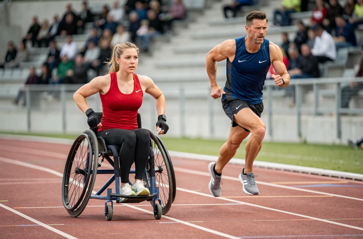 Athlète en fauteuil roulant sportif et coureur valide s'élançant ensemble sur une piste d'athlétisme, illustrant l'inclusion du handicap dans le sport