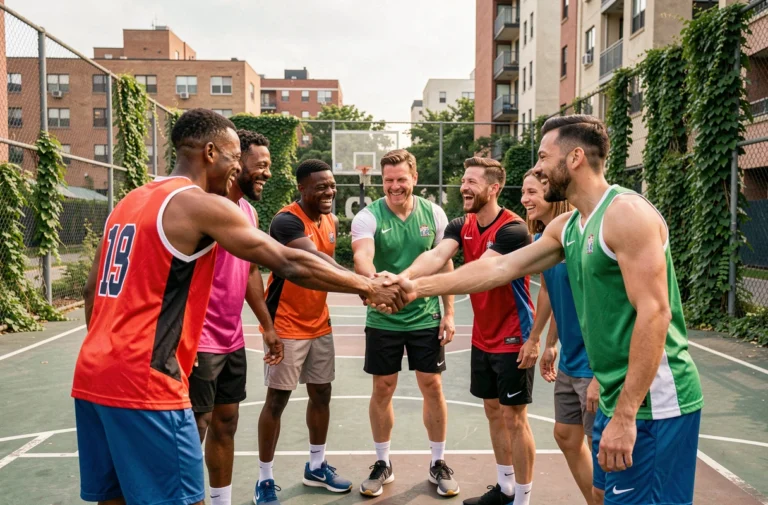 Groupe diversifié d'adultes formant un cercle solidaire sur un terrain de basket urbain, symbole de cohésion et d'inclusion sociale par le sport