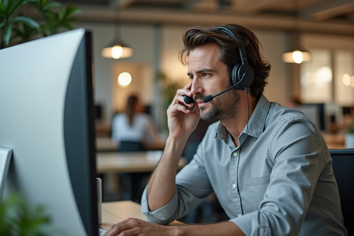 Homme contactant le support client MyCitya par chat depuis un espace de coworking