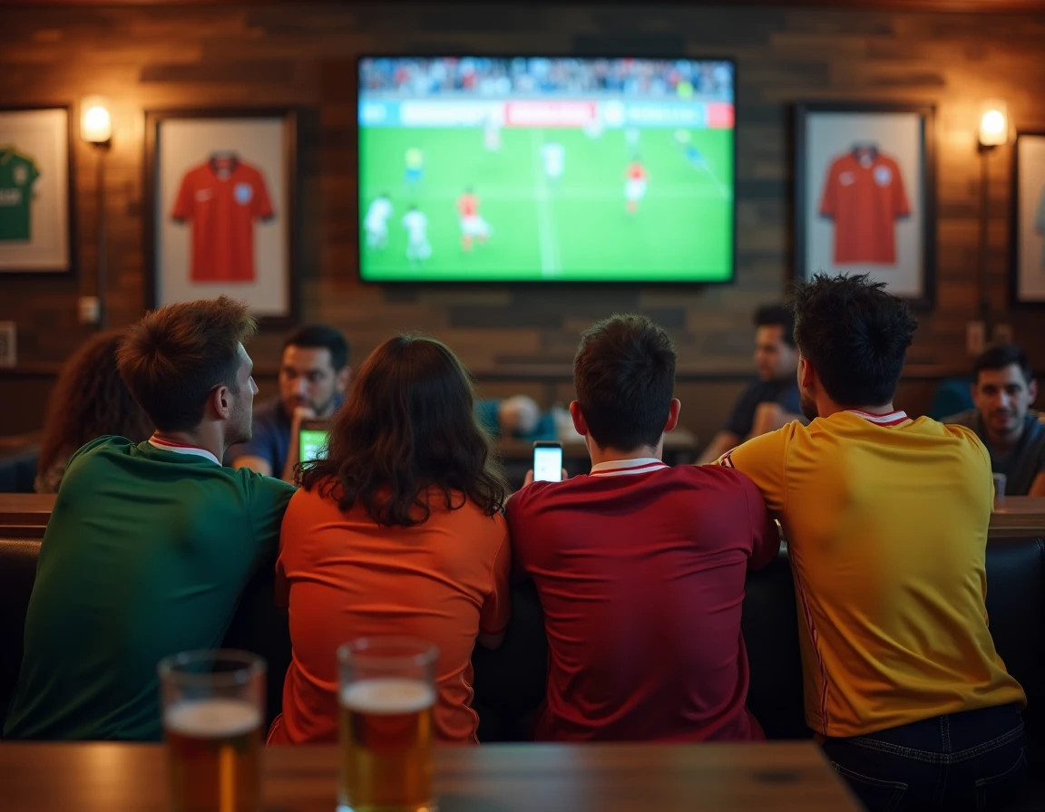 Groupe de supporters regardant un match de football en direct dans un bar sportif