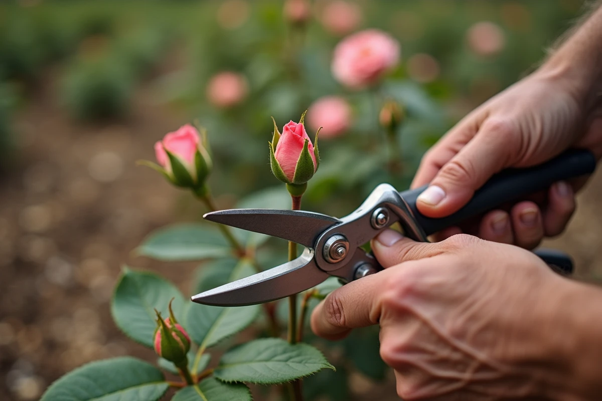 Jardinier effectuant une taille précise au-dessus d'un œil de rosier avec un sécateur propre dans un jardin entretenu