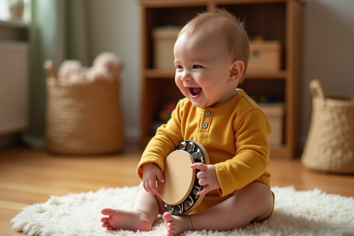 Bébé de 8 mois souriant en train de frapper un petit tambourin en bois, découvrant la production de sons par lui-même