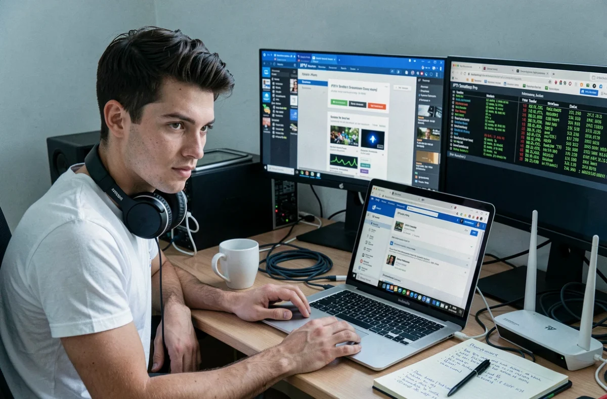 Jeune technicien diagnostiquant un bug IPTV Smarters Pro sur son poste de travail informatique
